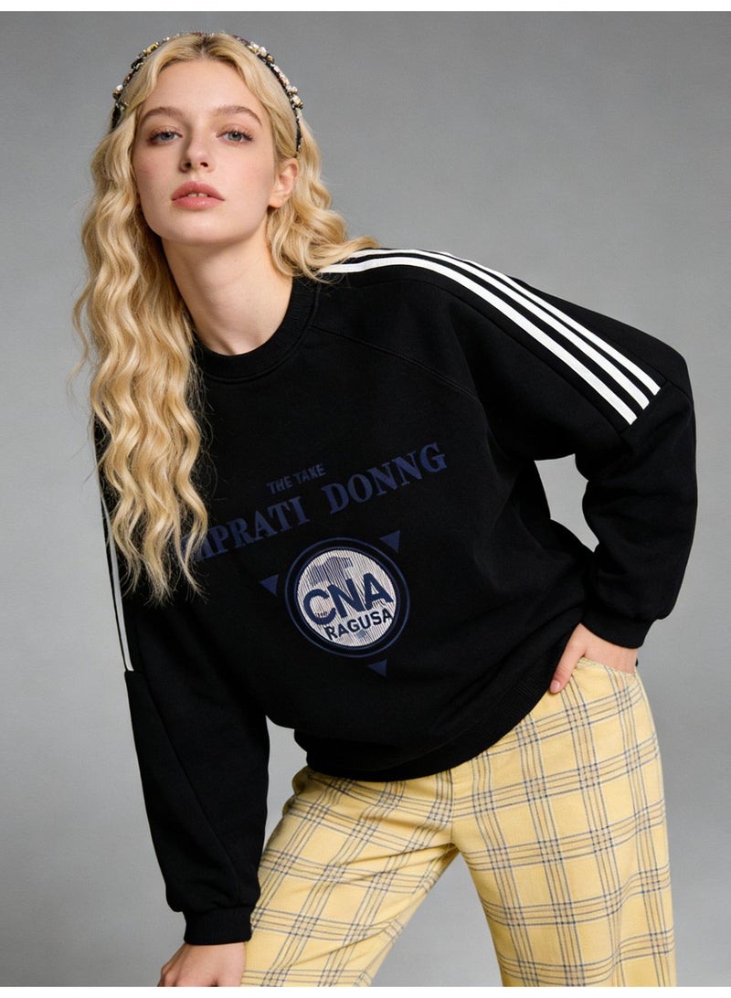 سي ان اي Black "IMPRATI DONNG" Vintage Logo Oversized Crew Neck Sweatshirt | Striped Sleeve Pullover With "CNA RAGUSA" Print - Image 1